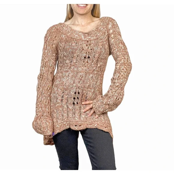 Free People Sweater Top Pink Crochet Oversized Bell Sleeve Sweater Size Small - Picture 2 of 9